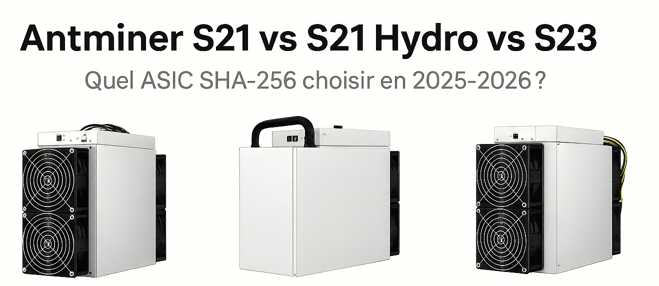 Antminer S21 vs S21 Hydro vs S23 – quel ASIC SHA-256 en 2025-2026 ?